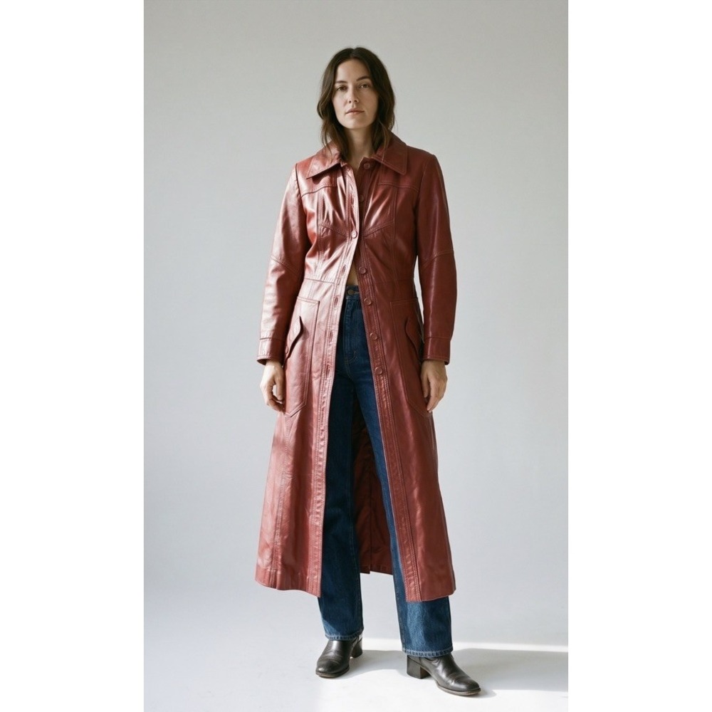 Vintage 70s Red Leather Trench Coat Maxi Long Duster Dagger Collar Uruguay S - Picture 2 of 16